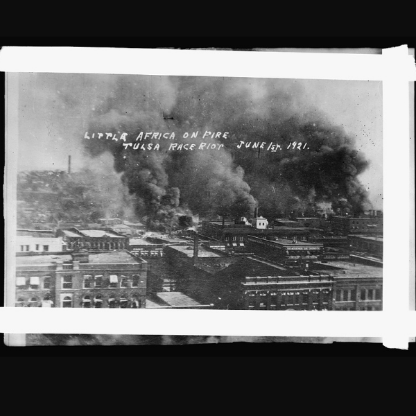 Buildings burning during the Tulsa Race Massacre