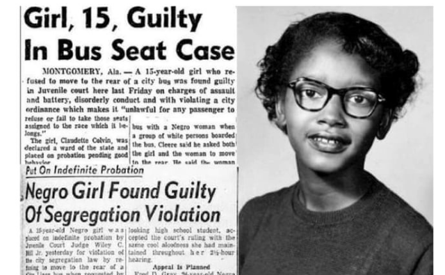 Image of 15 year old Claudette Colvin next to news paper article about her
