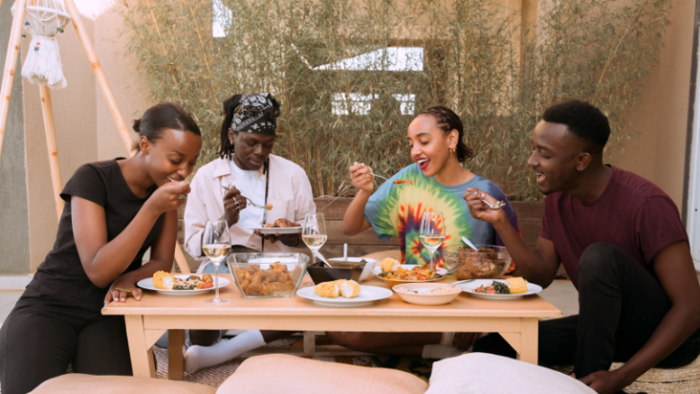 a group of friends eating