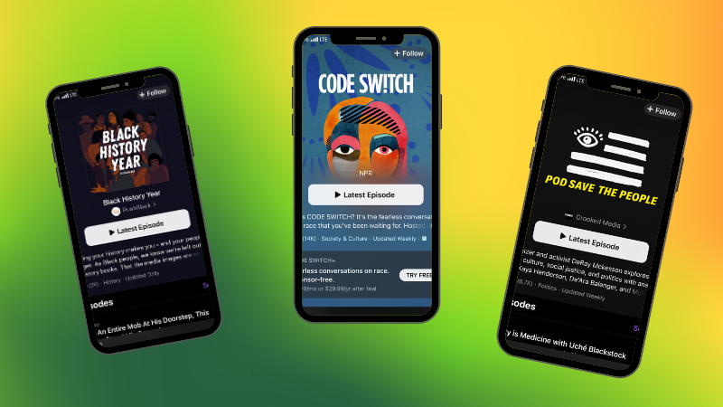 Apple Podcast covers of three black history podcasts