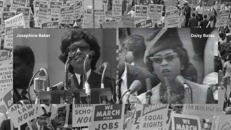 Collage of images from 1963 March on Washington including images of Baker and Bates speaking